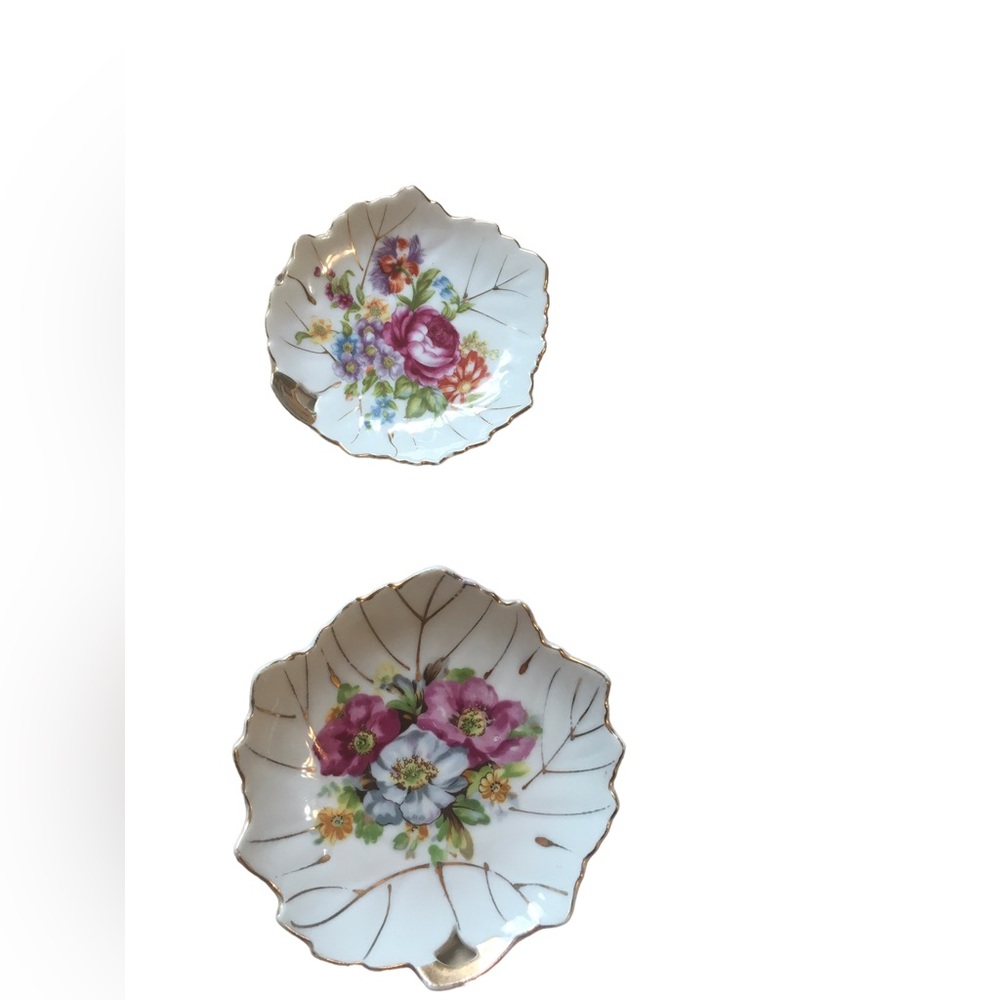 Nasco Vintage Floral Leaf Trinket with Gold Trim 4”&5”